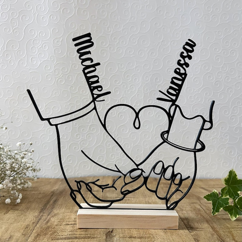 Personalized Wedding & Anniversary Gift | Line Art Decor | 3D Printed Hands Standee | Valentine's Day Couple Gift with Names
