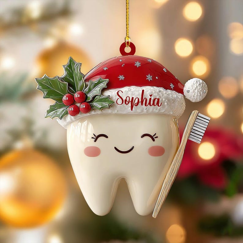 Personalized Tooth Ornament, Cute Tooth 2D Flat Christmas Ornament, Custom Dental Gift, Santa Hat Tooth Decoration, Kids Tooth Keepsake
