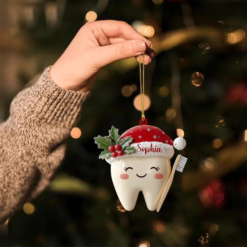 Personalized Tooth Ornament, Cute Tooth 2D Flat Christmas Ornament, Custom Dental Gift, Santa Hat Tooth Decoration, Kids Tooth Keepsake