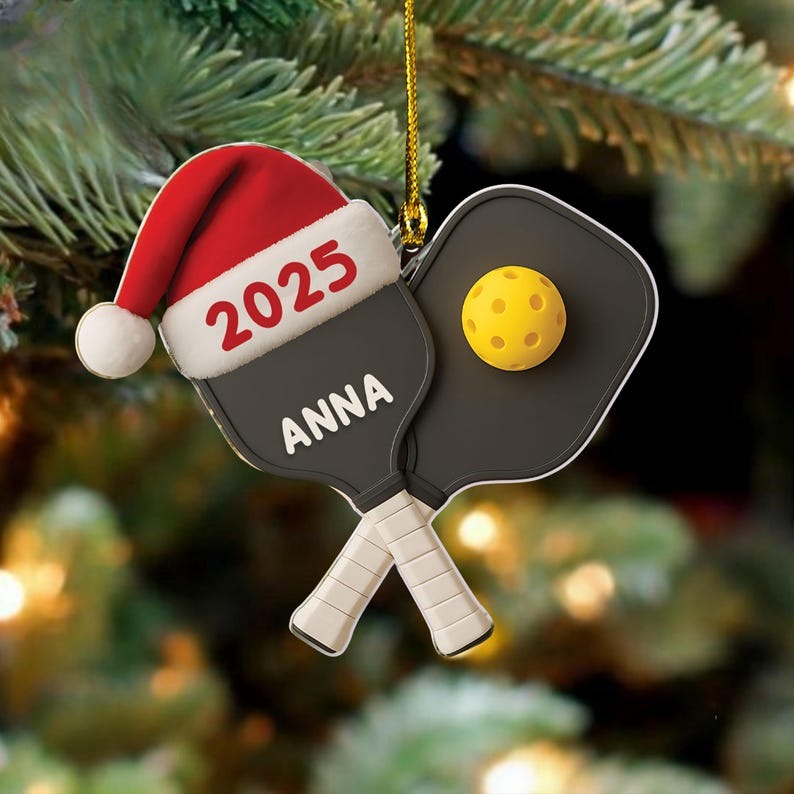 Personalized Pickleball Christmas Acylic Flat 2D Ornament, Santa Hat Acrylic Xmas, Pickleball Lover Gift