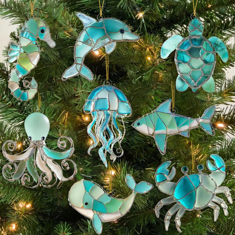 2D FLAT Ocean Sea Life Christmas Acrylic Ornament, Coastal Marine Animal Ornament, Sea Life Decor for Christmas Tree, Beach Coastal Holiday