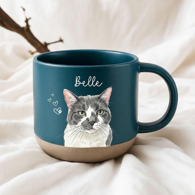 Personalized Watercolor Photo Pet Pottery Mug,Pet Portrait Coffee Cup Gift For Cat Dog Lovers, Custom Dog Remembrance Gift,Pet Memorial Gift