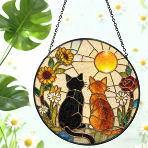 Charming Black Orange Cat Couple Garden Suncatcher Tabby Cat Stained Glass Window Hanging Glass Moon Ornament Mom Gift