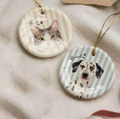 Personalized Pet Memorial Watercolor Ornament from Photo + Name Striped Dog & Cat Ornament, Personalized Pet Remembrance Gift Loss