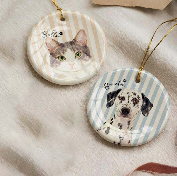 Personalized Pet Memorial Watercolor Ornament from Photo + Name Striped Dog & Cat Ornament, Personalized Pet Remembrance Gift Loss