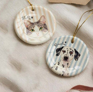 Personalized Pet Memorial Watercolor Ornament from Photo + Name Striped Dog & Cat Ornament, Personalized Pet Remembrance Gift Loss