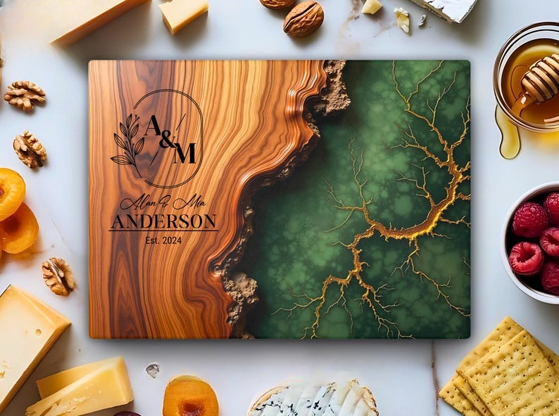 Personalized Glass Cutting Board, Monogram Wedding Gift for Couples, Resin Style Charcuterie Tray, Name & Date Anniversary Housewarming Gift