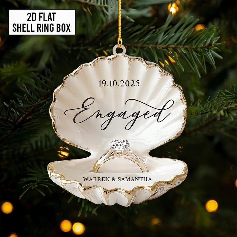 Personalized Beach Engagement Ornament, 2D Flat Shell Ring Box, Wedding 2025 Keepsake, Couple Gift Xmas, Engagement First Xmas Decor