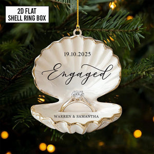 Personalized Beach Engagement Ornament, 2D Flat Shell Ring Box, Wedding 2025 Keepsake, Couple Gift Xmas, Engagement First Xmas Decor