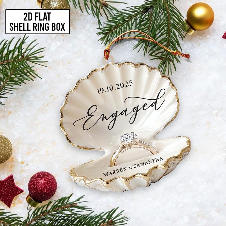 Personalized Beach Engagement Ornament, 2D Flat Shell Ring Box, Wedding 2025 Keepsake, Couple Gift Xmas, Engagement First Xmas Decor