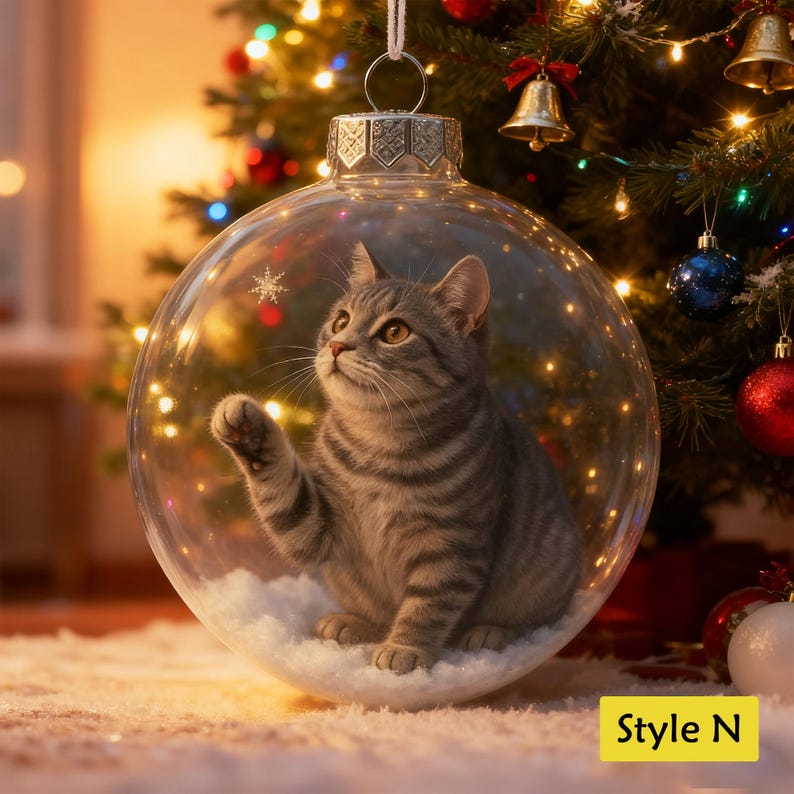 Personalized 2D/3D Animals Xmas Acrylic Ornaments-Cat/Fox/Deer/Cow/Bunny/Bear/Squirrel,Christmas Balls with Snow Scene,Christmas Tree Decor