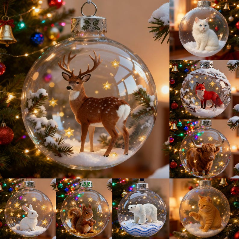 Personalized 2D/3D Animals Xmas Acrylic Ornaments-Cat/Fox/Deer/Cow/Bunny/Bear/Squirrel,Christmas Balls with Snow Scene,Christmas Tree Decor