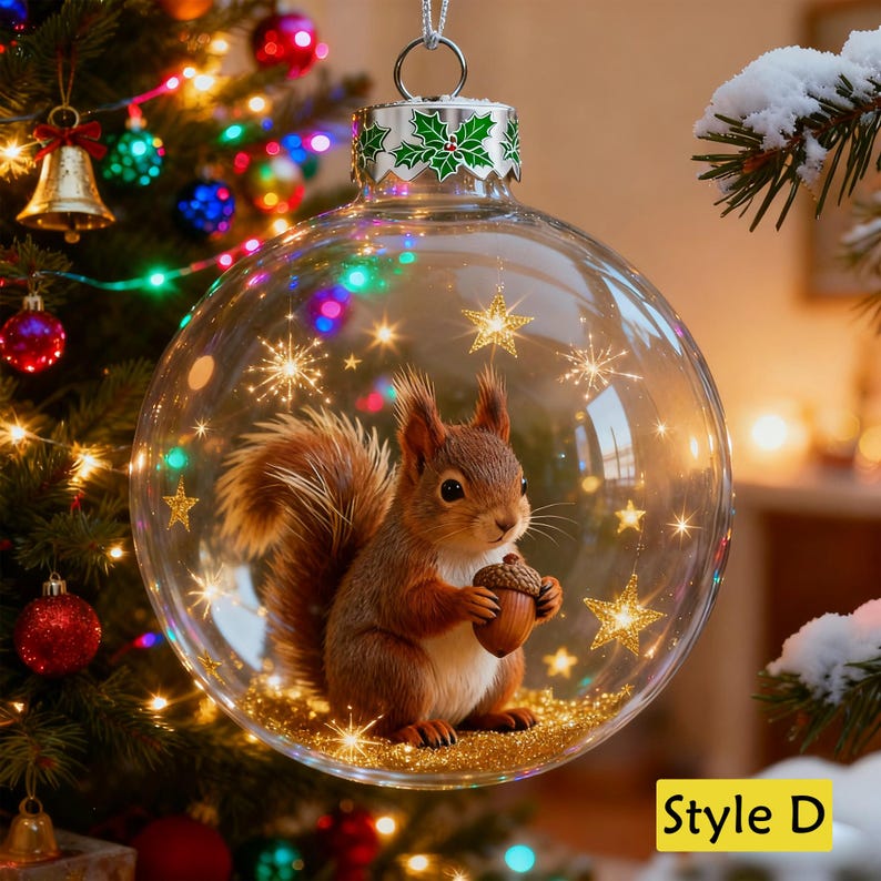 Personalized 2D/3D Animals Xmas Acrylic Ornaments-Cat/Fox/Deer/Cow/Bunny/Bear/Squirrel,Christmas Balls with Snow Scene,Christmas Tree Decor