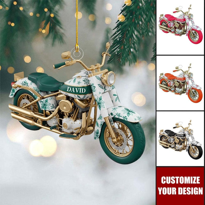 Personalized Motorcycle Ornament Custom Name Biker Christmas Decor, Red Holiday Motorbike Gift for Riders & Men