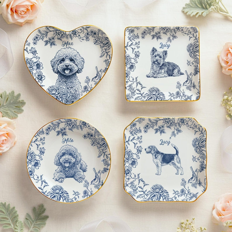 Custom Pet Portrait Jewelry Dish Toile De Jouy Ceramic Dish, Custom Dog Cat Jewelry Dish, Personalized Dog Cat Portrait Ceramic Christmas