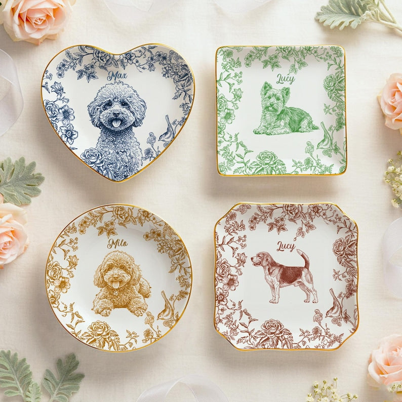 Custom Pet Portrait Jewelry Dish Toile De Jouy Ceramic Dish, Custom Dog Cat Jewelry Dish, Personalized Dog Cat Portrait Ceramic Christmas