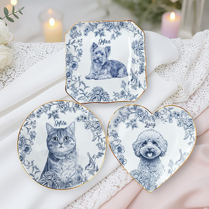 Custom Pet Portrait Jewelry Dish Toile De Jouy Ceramic Dish, Custom Dog Cat Jewelry Dish, Personalized Dog Cat Portrait Ceramic Christmas