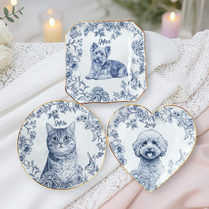 Custom Pet Portrait Jewelry Dish Toile De Jouy Ceramic Dish, Custom Dog Cat Jewelry Dish, Personalized Dog Cat Portrait Ceramic Christmas