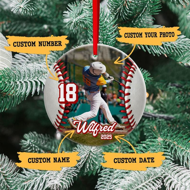 Custom Baseball Ceramic Ornament, Personalized Sports Photo Ornament, Baseball Player Christmas Decor, Team Gift Keepsake, Holiday Ornament