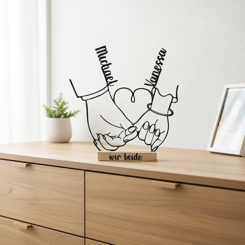 Personalized Wedding & Anniversary Gift | Line Art Decor | 3D Printed Hands Standee | Valentine's Day Couple Gift with Names