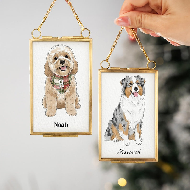 Custom Pet Portrait Frame Ornament, Unique Christmas Gifts with Watercolor Dog From Photo