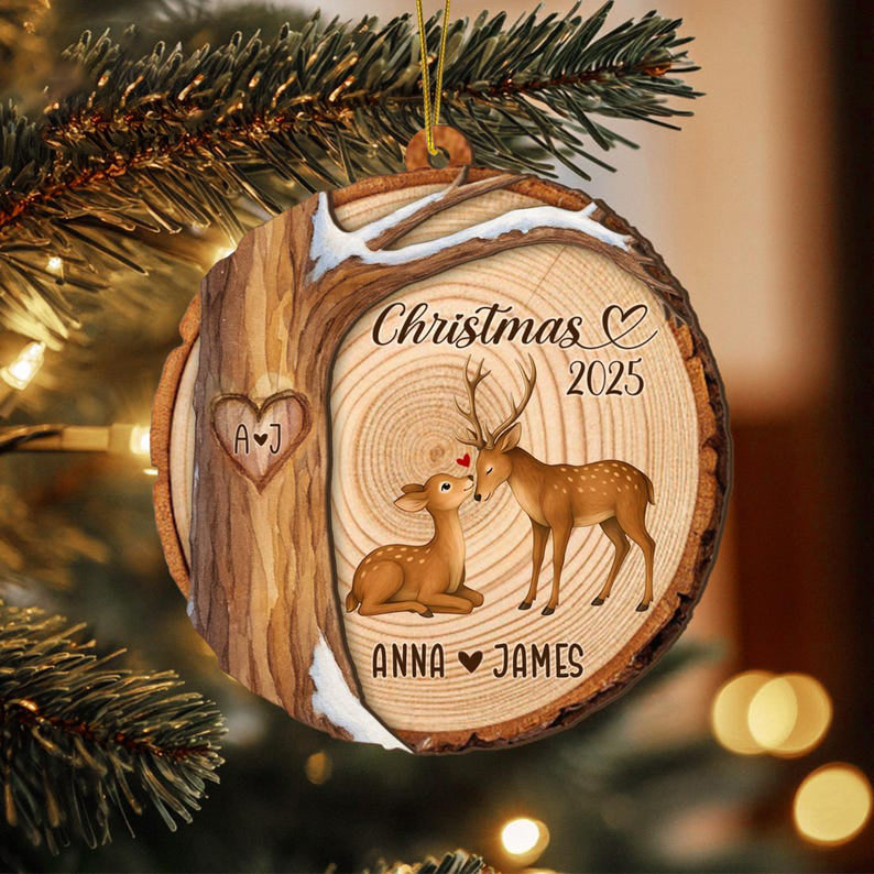 Custom Deer Couples Christmas Wood Ornament, First Christmas Together Xmas Decor, Couple Christmas Ornament, Engaged Gift, Couples Gift