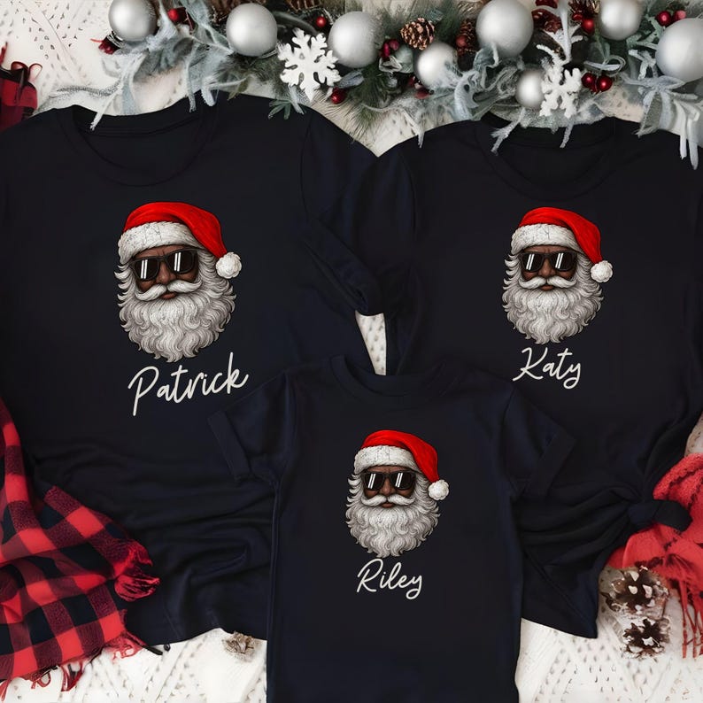 Black Santa Claus Sun Glasses Family Shirts 2025 Christmas Pajamas, African American Santa Claus, Brown Santa Face Family Matching Shirts