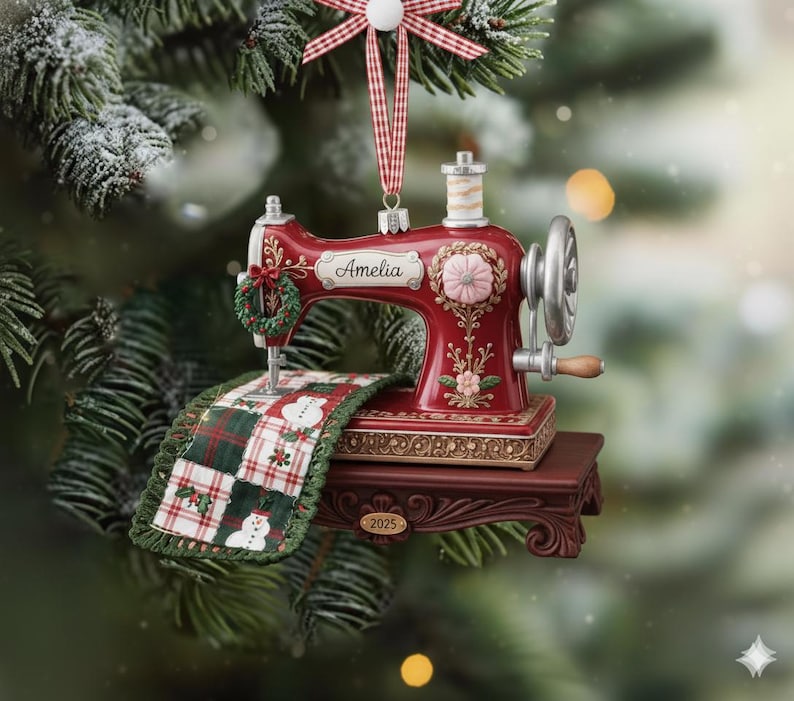 Personalized Sewing Machine Acrylic Ornament, Custom Quilter Christmas Tree Ornament, Quilting Studio Flat 2D Ornament Tree Decor, Xmas Gift