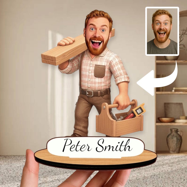 Personalized Carpenter Gift: Custom Wooden Caricature Figurine, Woodworker Shop Decor, Unique Handyman Keepsake