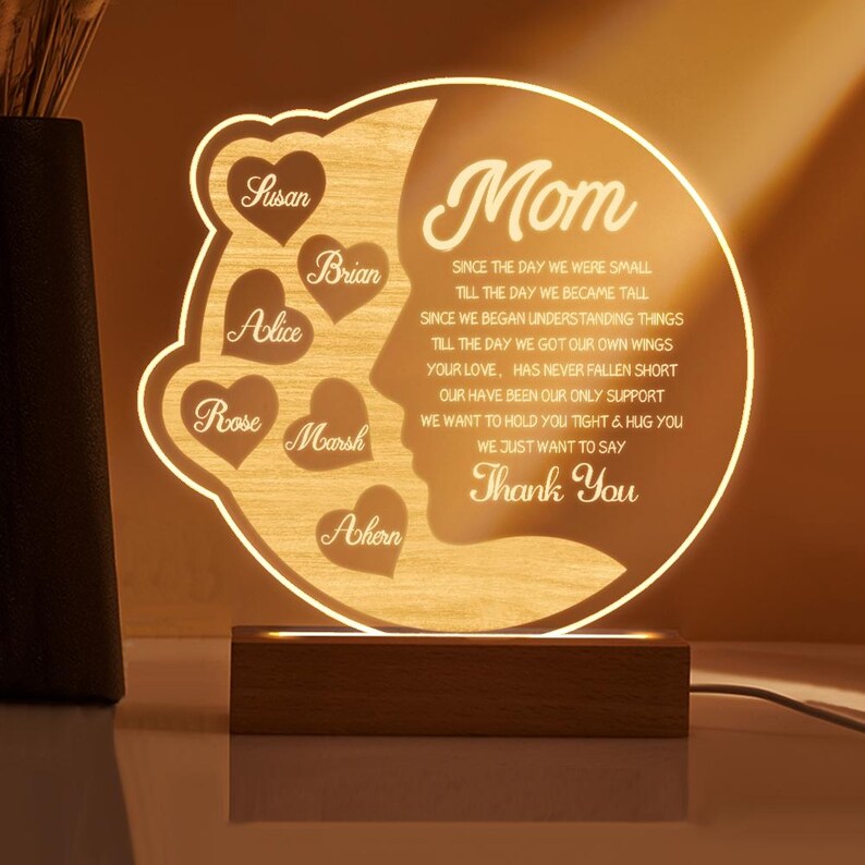 Personalized Mom Gift From Kids Custom Name Lamp, We Love You Mom Quote Night Light, Mothers Day Birthday Sentimental Plaque For Mother Sign