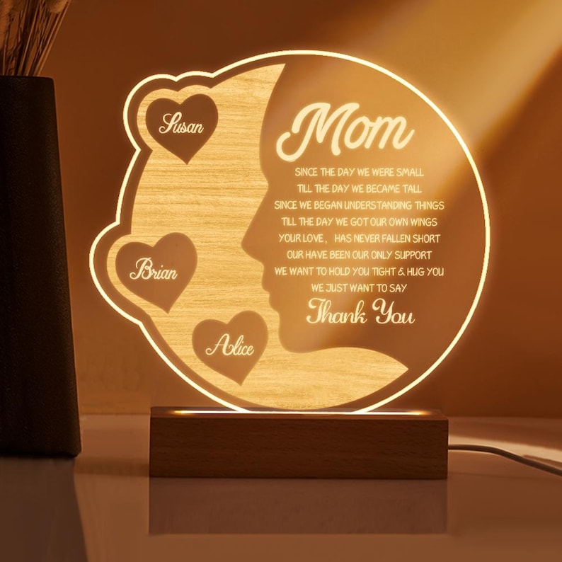 Personalized Mom Gift From Kids Custom Name Lamp, We Love You Mom Quote Night Light, Mothers Day Birthday Sentimental Plaque For Mother Sign