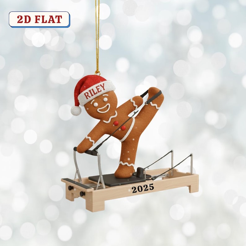 Custom 2D Flat Acrylic Gingerbread Pilates Ornament Personalized Santa Hat Reformer Decor, Cute Fitness Christmas Gift 2025