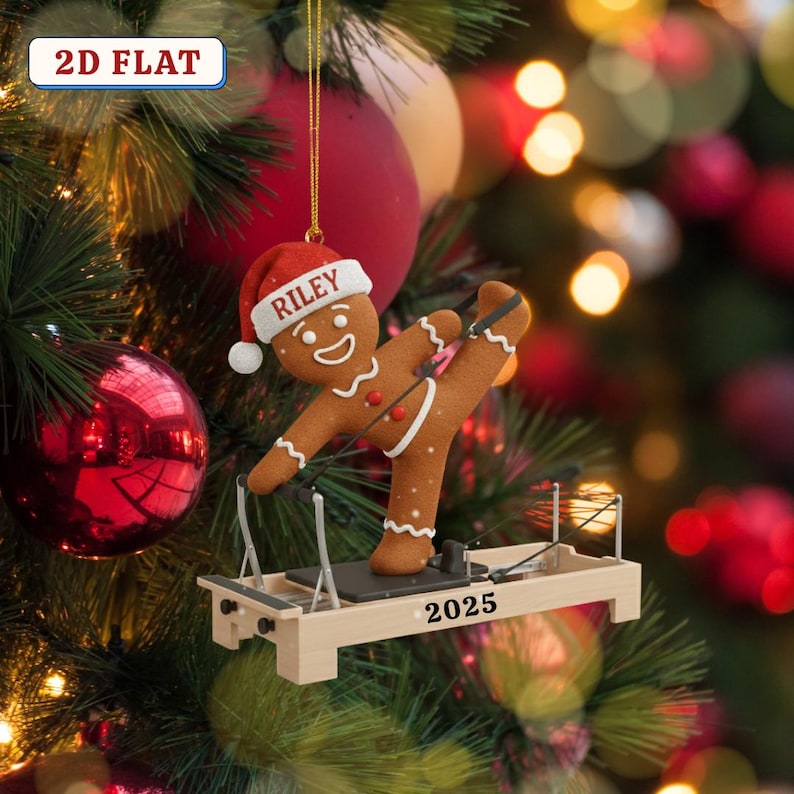 Custom 2D Flat Acrylic Gingerbread Pilates Ornament Personalized Santa Hat Reformer Decor, Cute Fitness Christmas Gift 2025