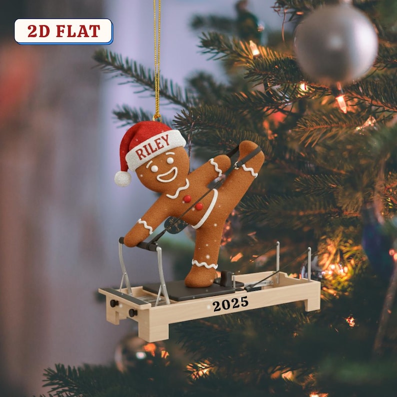 Custom 2D Flat Acrylic Gingerbread Pilates Ornament Personalized Santa Hat Reformer Decor, Cute Fitness Christmas Gift 2025