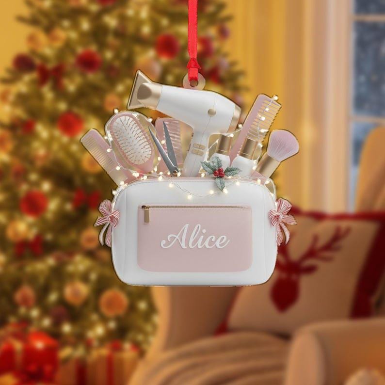 Personalized Hairstylist Ornament Acrylic 2D Flat Tool Bag Christmas Decor, Custom Name Salon Theme Decoration, Hairdresser Gift