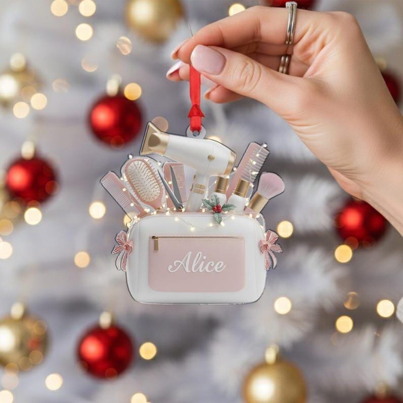 Personalized Hairstylist Ornament Acrylic 2D Flat Tool Bag Christmas Decor, Custom Name Salon Theme Decoration, Hairdresser Gift