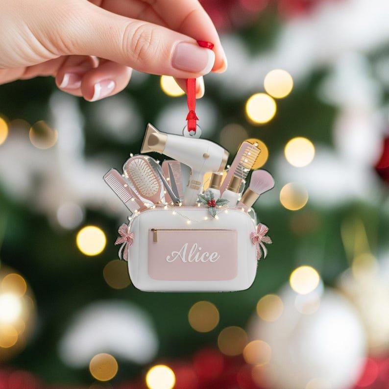 Personalized Hairstylist Ornament Acrylic 2D Flat Tool Bag Christmas Decor, Custom Name Salon Theme Decoration, Hairdresser Gift