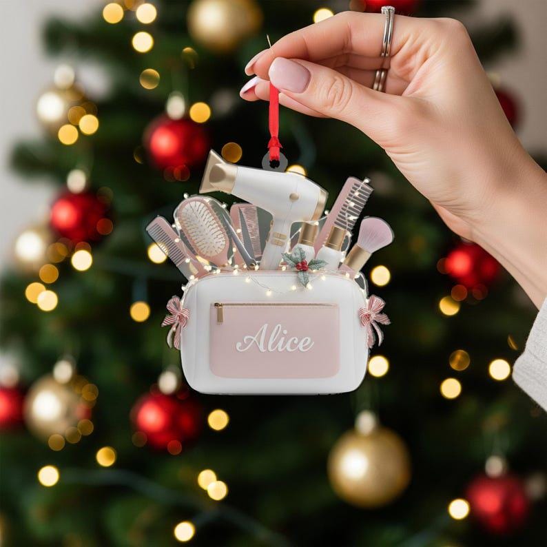 Personalized Hairstylist Ornament Acrylic 2D Flat Tool Bag Christmas Decor, Custom Name Salon Theme Decoration, Hairdresser Gift