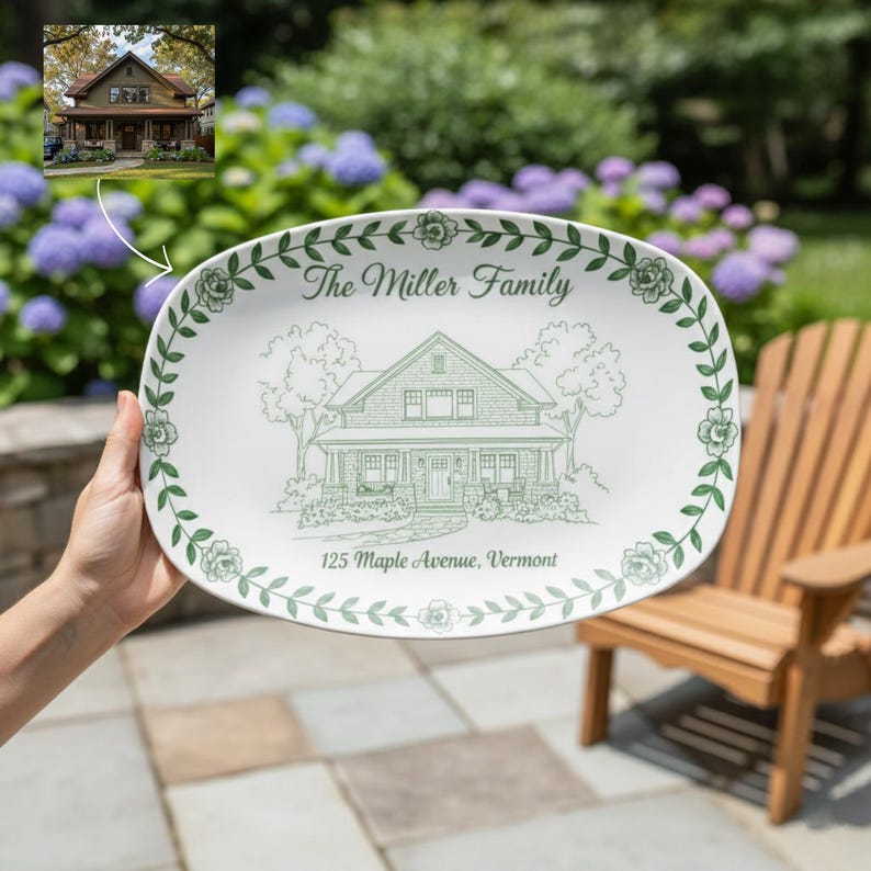 Custom House Portrait Platter: Personalized Home Address Cottage Plate Decor