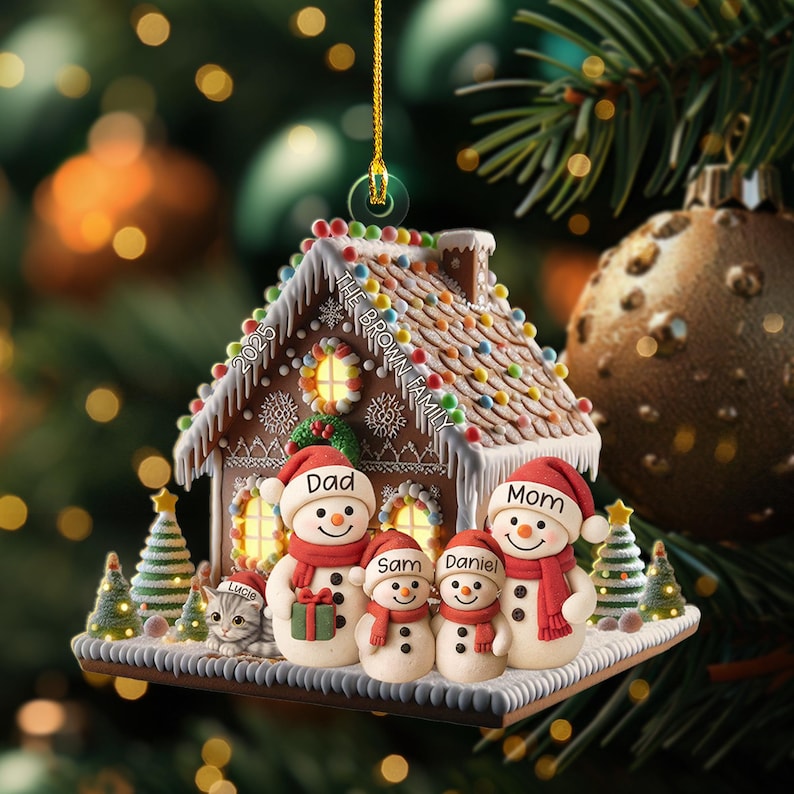Personalized Gingerbread House Ornament, Family Christmas 2025, Custom Snowman Keepsake, Cat Lover Xmas Gift, New Home Decoration Tree Decor