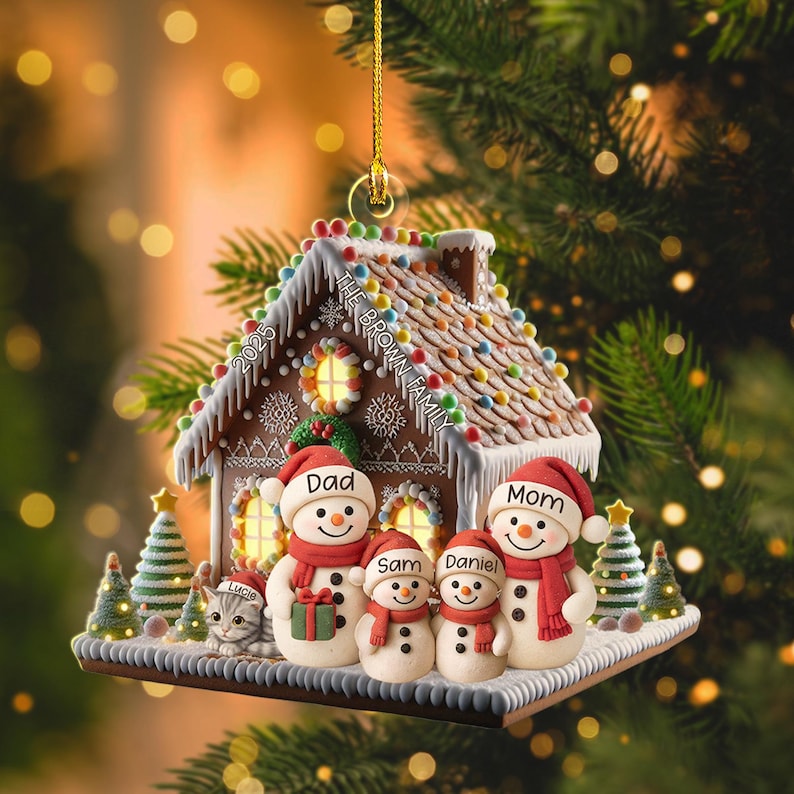 Personalized Gingerbread House Ornament, Family Christmas 2025, Custom Snowman Keepsake, Cat Lover Xmas Gift, New Home Decoration Tree Decor