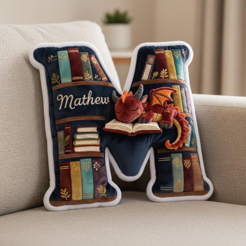 Custom Letter Dragon Sleep On Book Pillow For Book Lover/ Dragon Lover, Dragon Reading Pillow, Dragon And Book Cushion