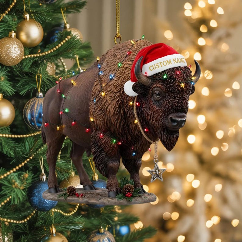 Personalized Bison Ornament 2D Flat Acrylic, Custom Name Buffalo Christmas Decor with Santa Hat & Holiday Lights, Wildlife Animal Xmas Decor