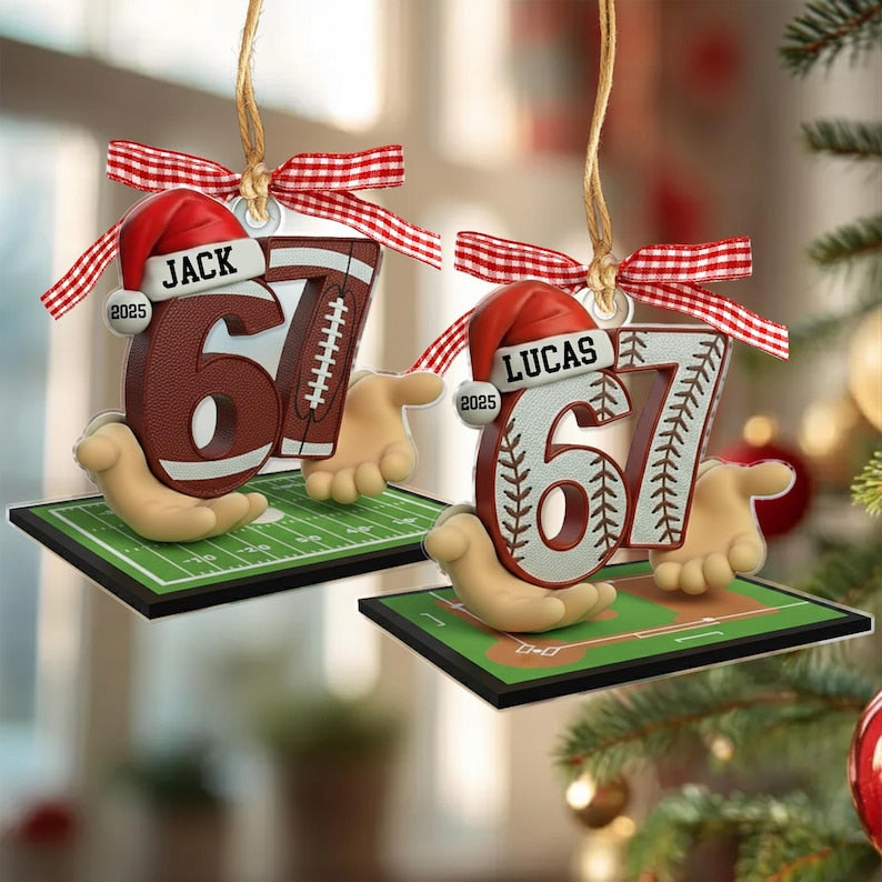 Custom Name 67 Sport Ornament, Soccer Baseball Volleyball Basketball Ornament, Acrylic Funny Slang 67 Ornament, Six Seven Gen Alpha Humor