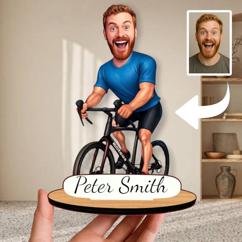Personalized Cyclist Gift: Custom Wooden Caricature Figurine, Bike Lover Decor, Sports Desk Keepsake