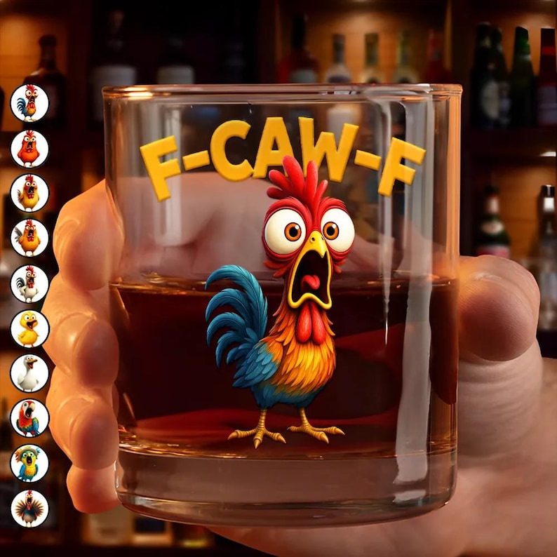 Funny Chicken F-Caw-F - Personalized Whiskey Glass, F-Caw-F Chicken Humor Glass, Funny Rooster Meme Coffee Whiskey Glass, Chicken Lover Gift