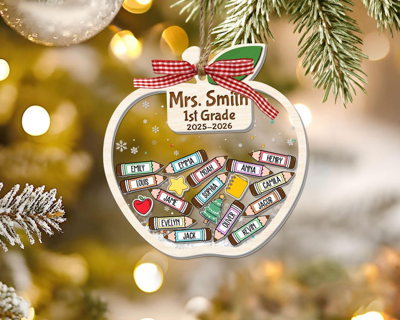 Personalized Teacher Apple Ornament With Students Name, 4D Shaker Ornament, Thank You Kindergarten Teacher Gift, Classroom Decor 2025