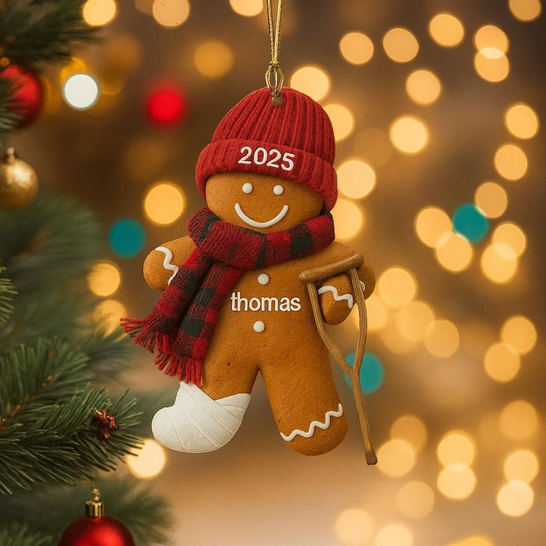 Cozy Injury Christmas Ornament, Funny Gingerbread 2D Flat Xmas Broken Leg Holiday Ornament, What a Year Gift, Humorous Christmas Keepsake