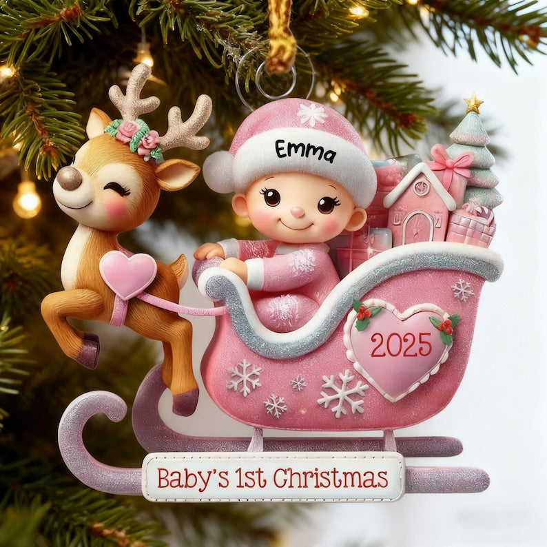 Baby on the Sleigh Ornament,Personalized Baby's First Christams Decoration,2D FLAT Acrylic Keepsake,Xmas Gifts for Newborn