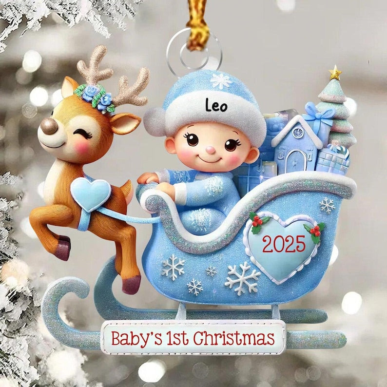 Baby on the Sleigh Ornament,Personalized Baby's First Christams Decoration,2D FLAT Acrylic Keepsake,Xmas Gifts for Newborn
